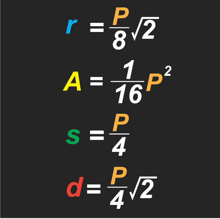 Find the side, perimeter, diagonal and radius of square using area